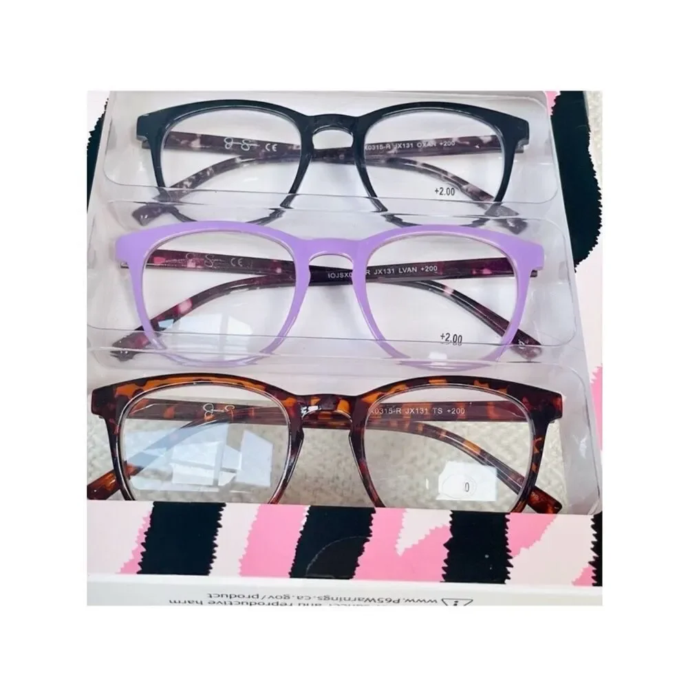 NWT 3 Pack 2.00 Jessica Simpson Premium Eye Reading Glasses Black,Purple, Brown